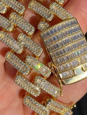 Baguette Prong Miami Cuban Link Chain Necklace Iced Out CZ Stones - 14k Gold Ver